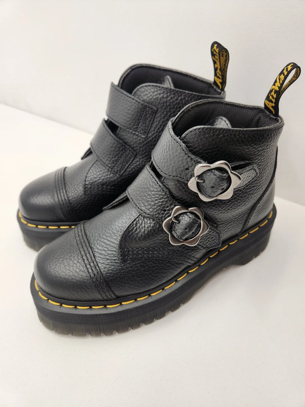 Dr. Martens Devon Flower Buckle Platform Boots Black Leather Women's US 7 EU 38